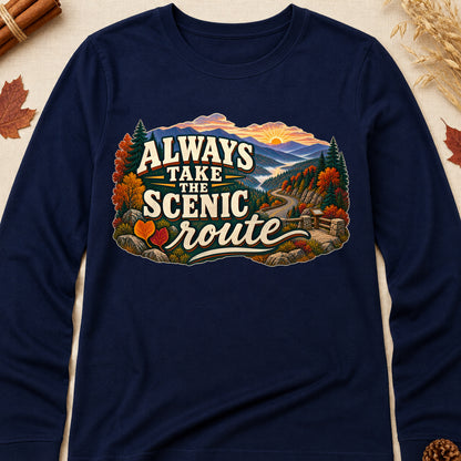 Always Take The Scenic Route Fall Colored Print Long Sleeves - Navy - Brooke & Belle