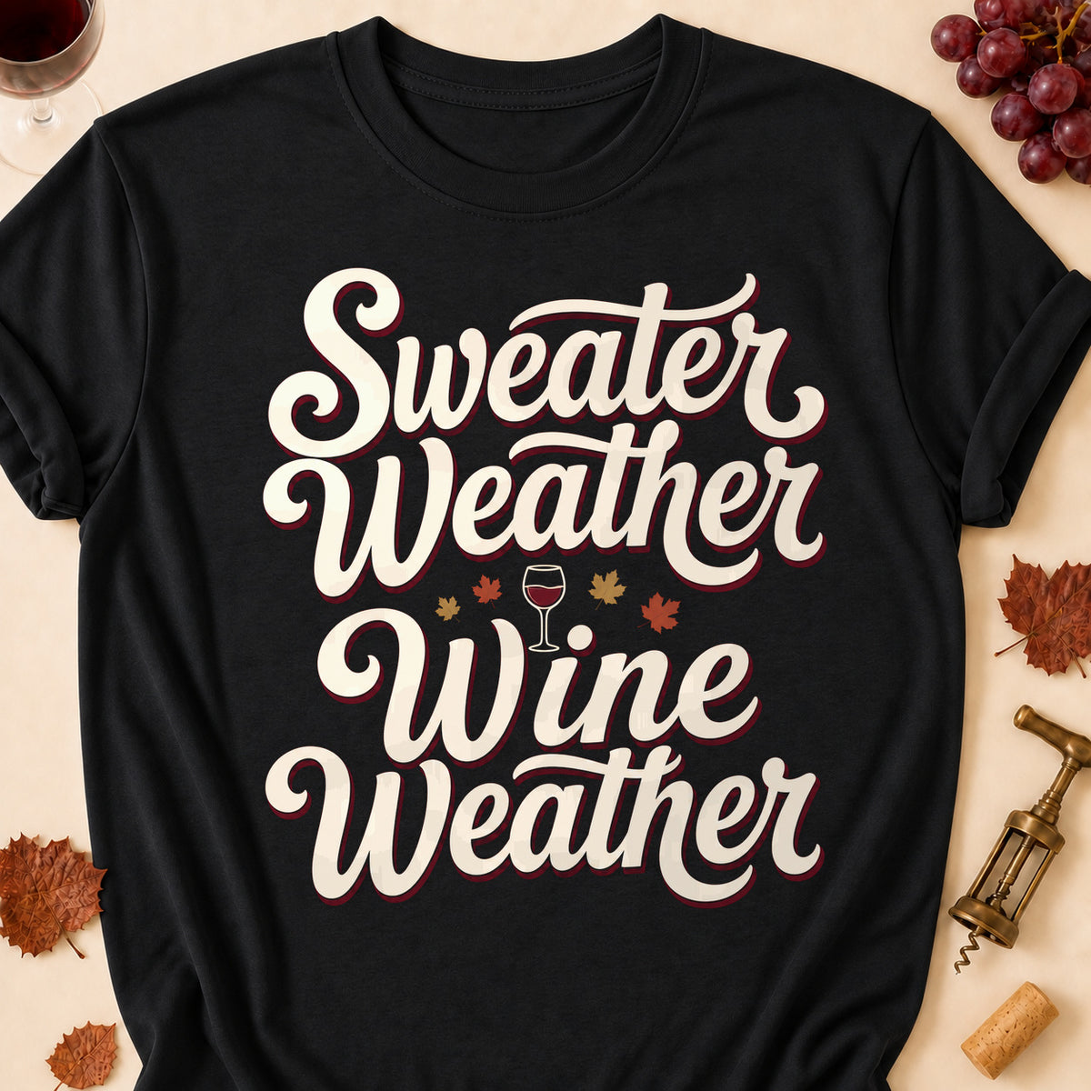 Sweater Weather Wine Weather Fall Colored Print T-Shirt - Black - Brooke & Belle