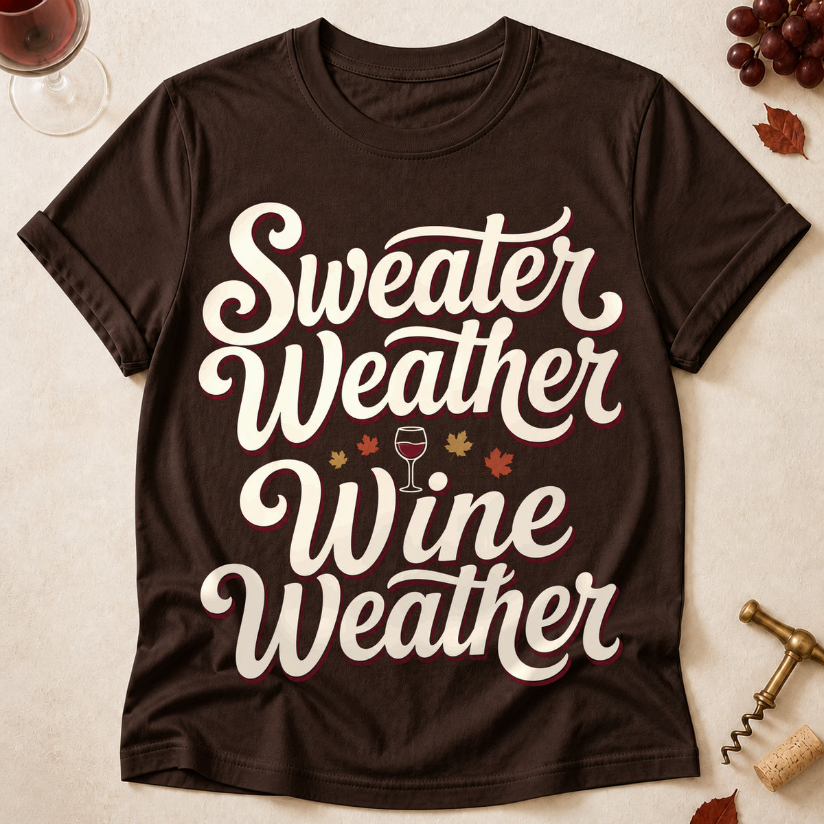 Sweater Weather Wine Weather Fall Colored Print T-Shirt - Dark Chocolate - Brooke & Belle