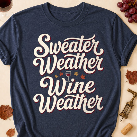 Sweater Weather Wine Weather Fall Colored Print T-Shirt - Heather Navy - Brooke & Belle