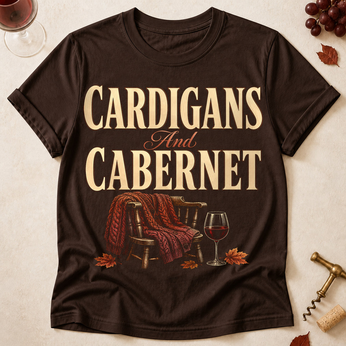 Cardigans And Cabernet Fall Colored Print T-Shirt - Dark Chocolate - Brooke & Belle