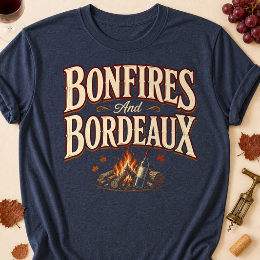 Bonfires And Bordeaux Fall Colored Print T-Shirt - Heather Navy - Brooke & Belle