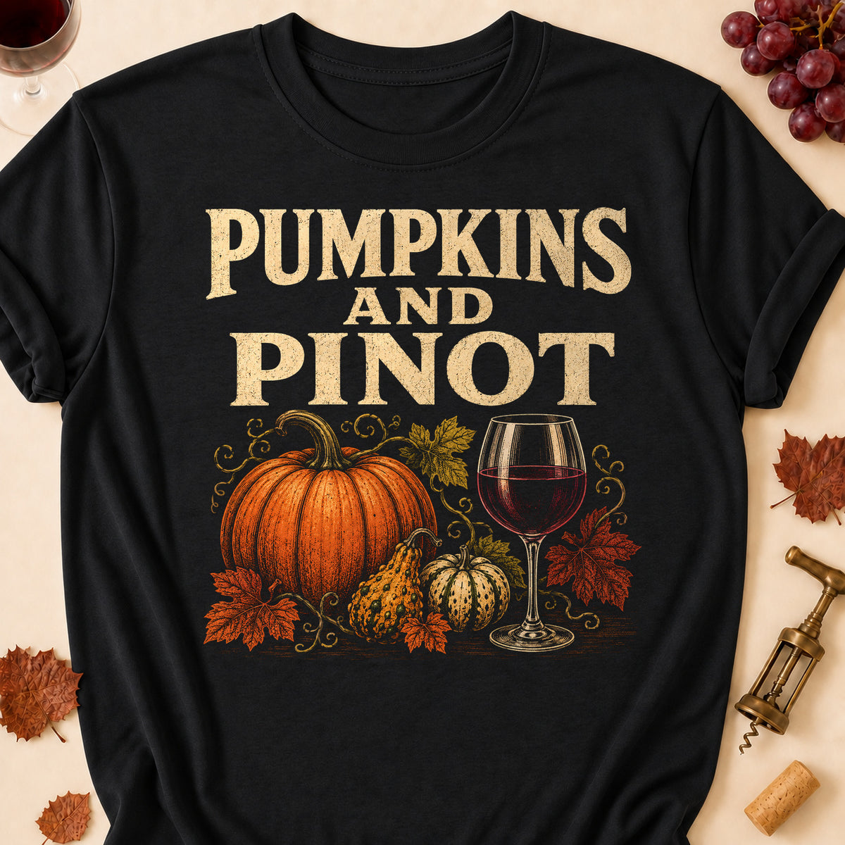 Pumpkins And Pinot Fall Colored Print T-Shirt - Black - Brooke & Belle