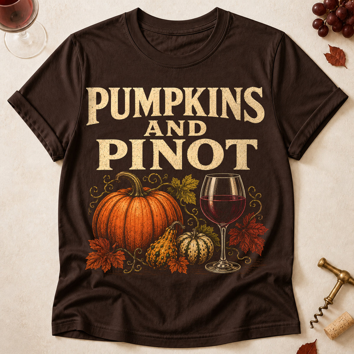 Pumpkins And Pinot Fall Colored Print T-Shirt - Dark Chocolate - Brooke & Belle