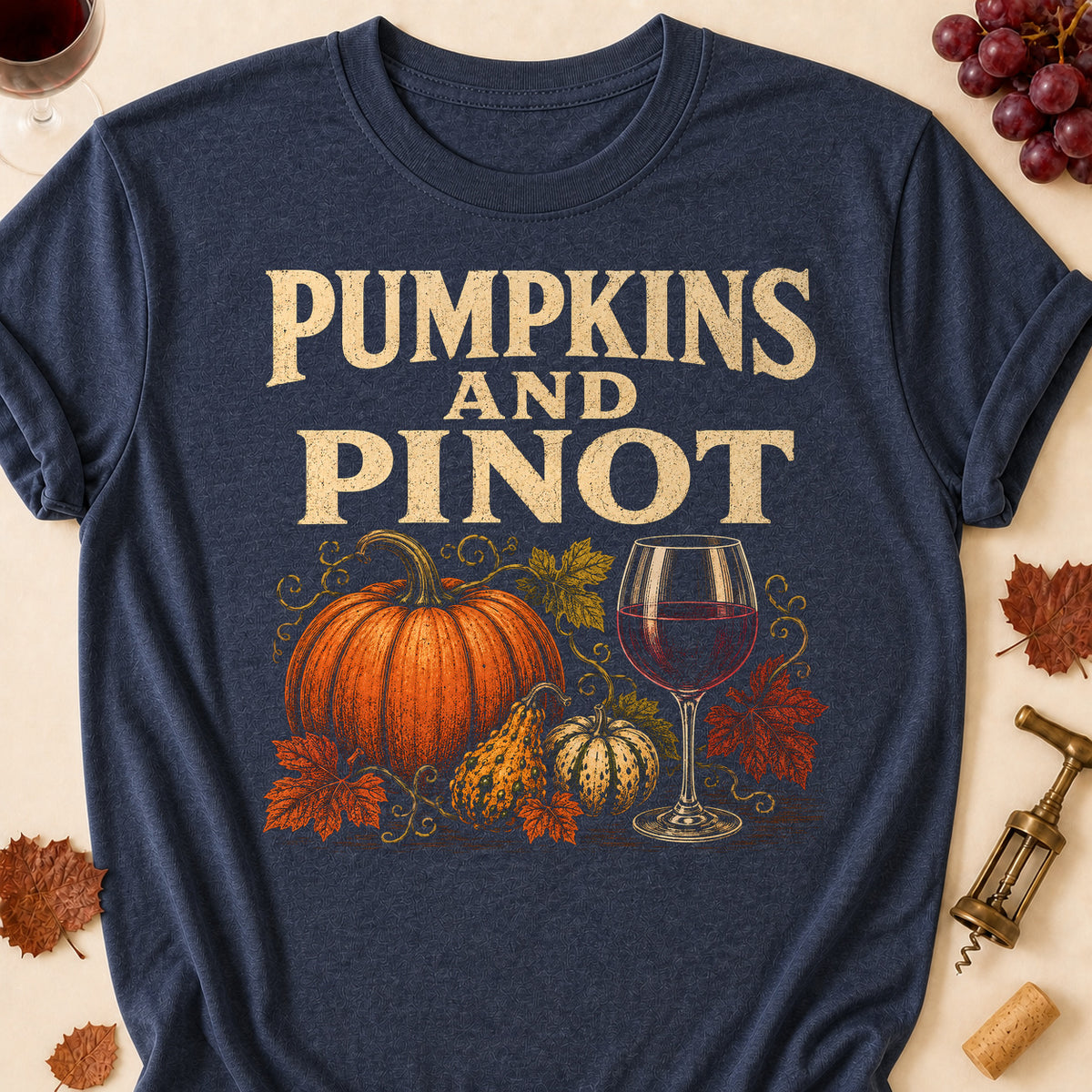 Pumpkins And Pinot Fall Colored Print T-Shirt - Heather Navy - Brooke & Belle