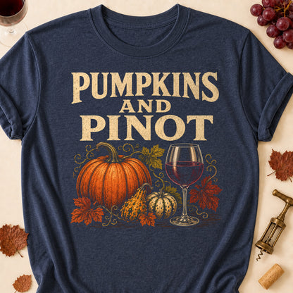 Pumpkins And Pinot Fall Colored Print T-Shirt - Heather Navy - Brooke & Belle
