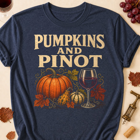 Pumpkins And Pinot Fall Colored Print T-Shirt - Heather Navy - Brooke & Belle