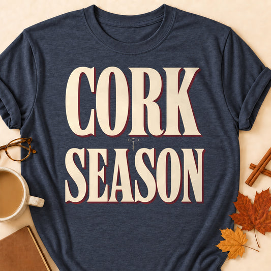 Cork Season Fall Colored Print T-Shirt - Heather Navy - Brooke & Belle