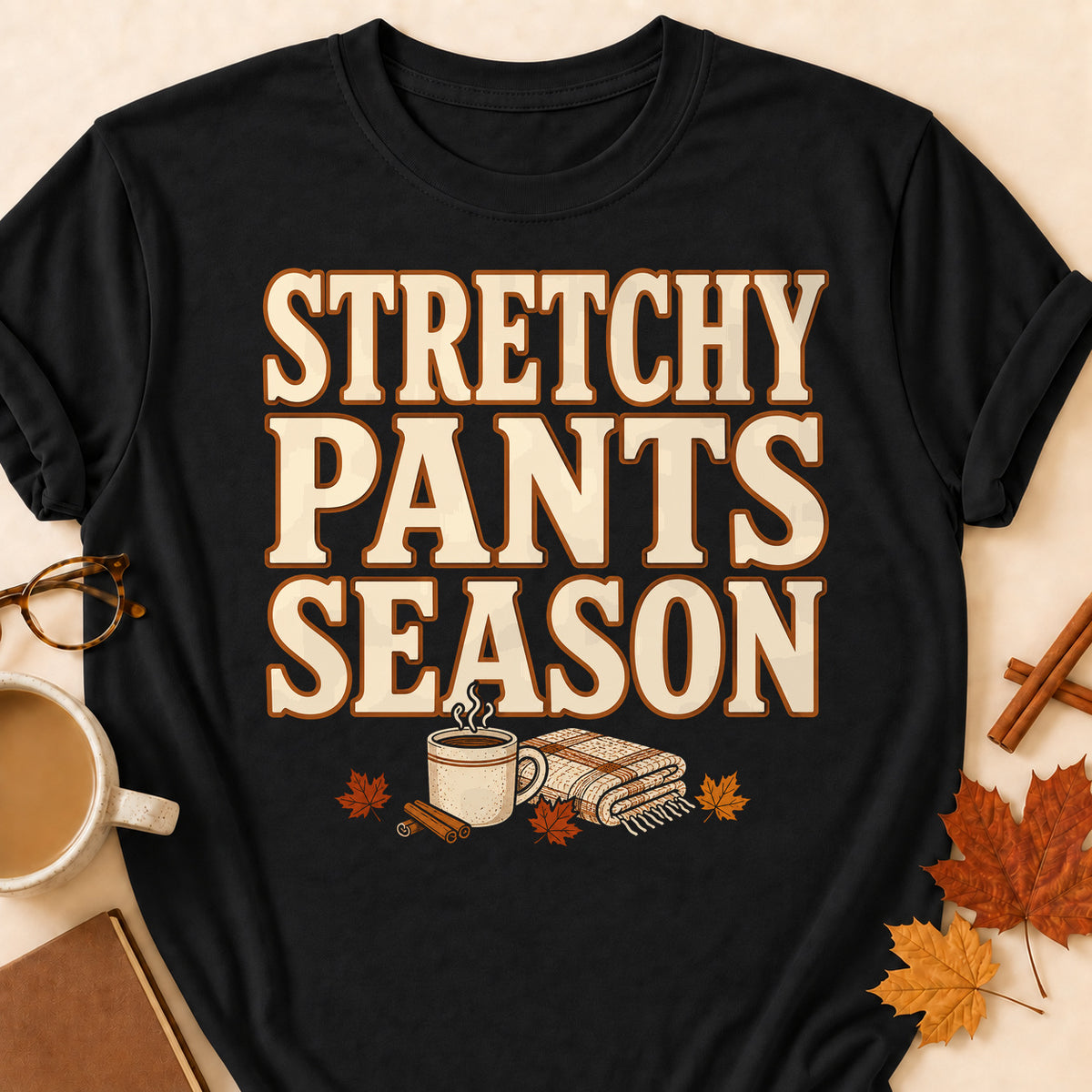 Stretchy Pants Season Fall Colored Print T-Shirt - Black - Brooke & Belle