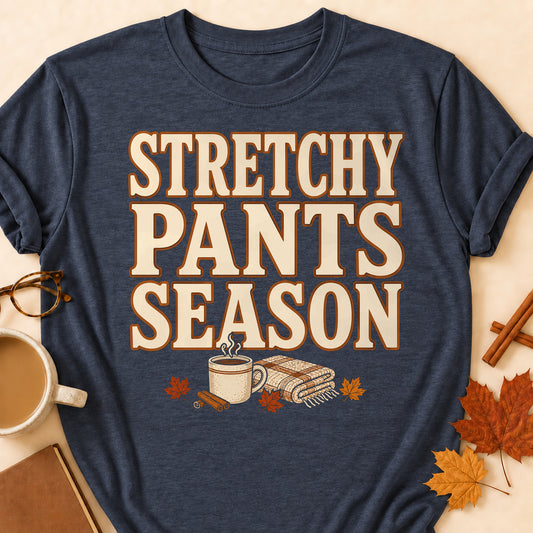 Stretchy Pants Season Fall Colored Print T-Shirt - Heather Navy - Brooke & Belle