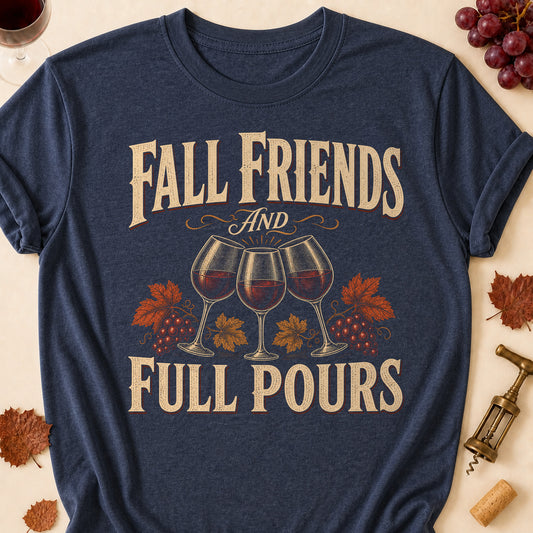 Fall Friends And Full Pours Fall Colored Print T-Shirt - Heather Navy - Brooke & Belle