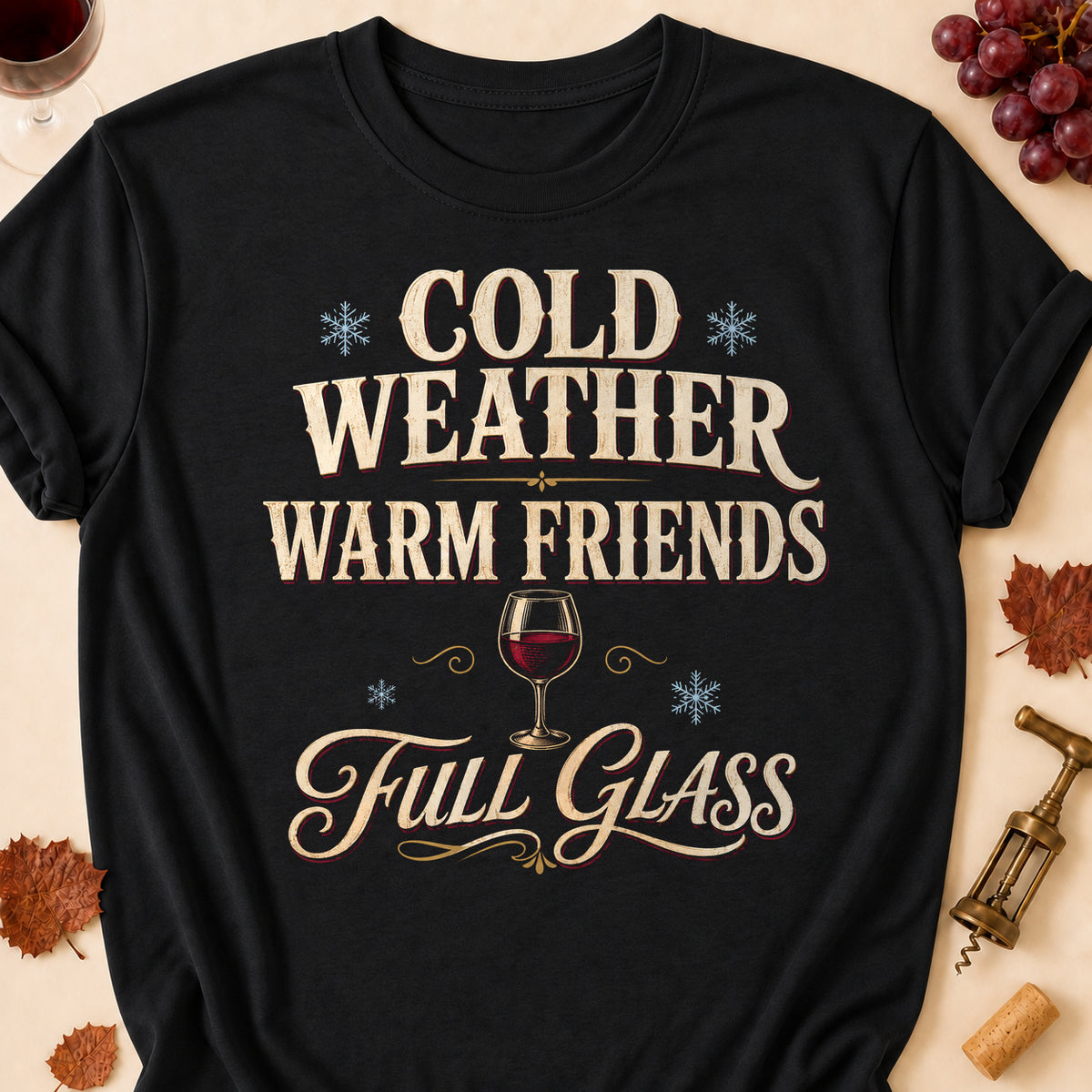 Cold Weather Warm Friends Full Glass Fall Colored Print T-Shirt - Black - Brooke & Belle