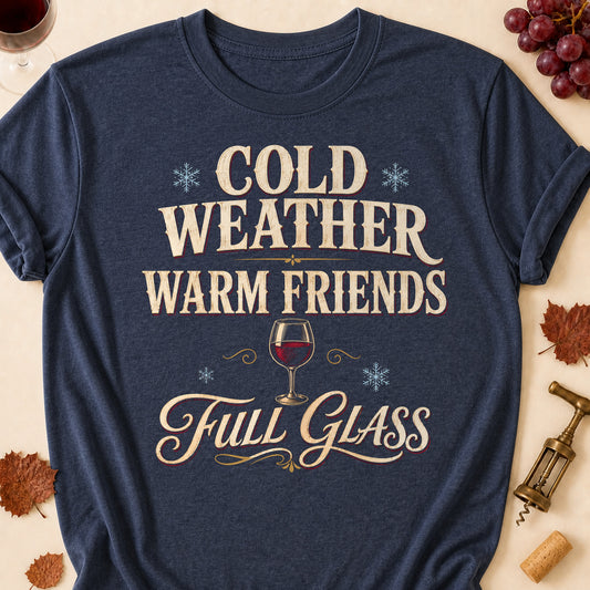 Cold Weather Warm Friends Full Glass Fall Colored Print T-Shirt - Heather Navy - Brooke & Belle