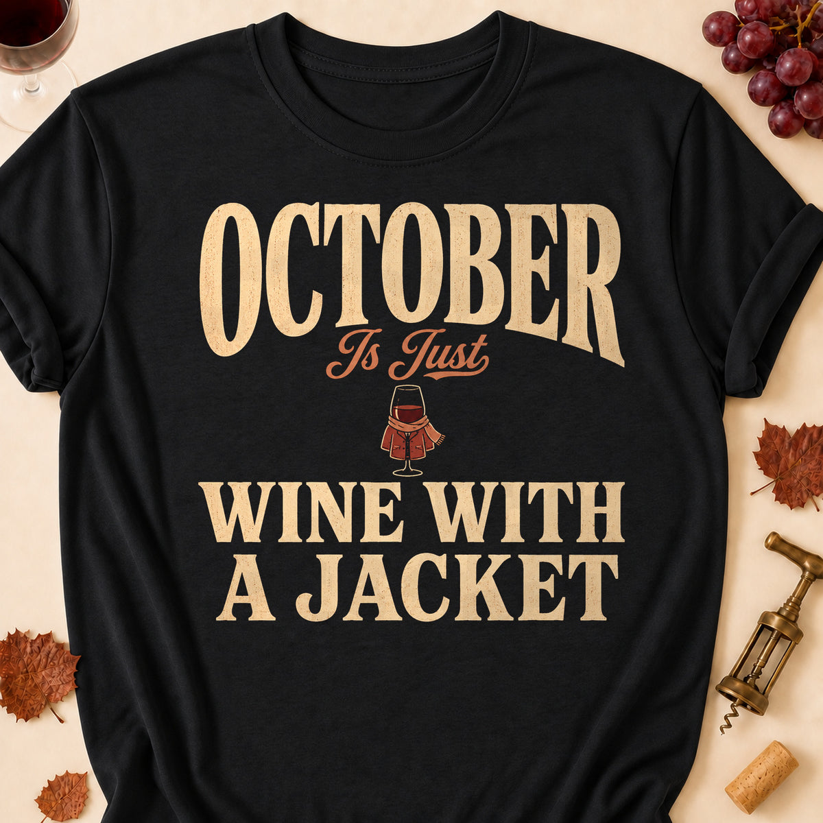 October Is Just Wine With A Jacket Fall Colored Print T-Shirt - Black - Brooke & Belle