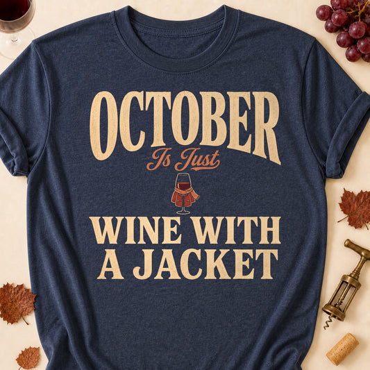October Is Just Wine With A Jacket Fall Colored Print T-Shirt - Heather Navy - Brooke & Belle
