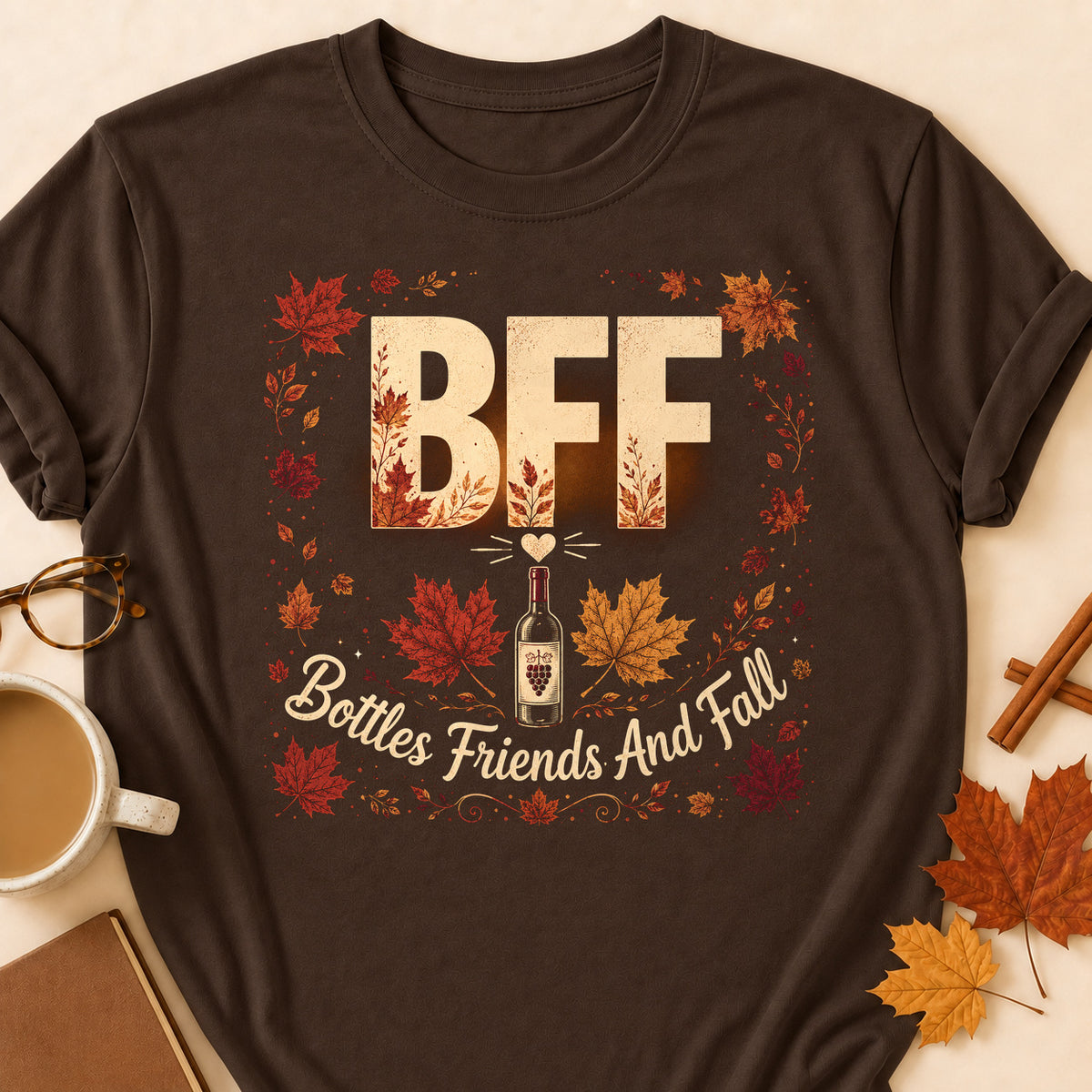 BFF Bottles Friends And Fall Fall Colored Print T-Shirt - Dark Chocolate - Brooke & Belle