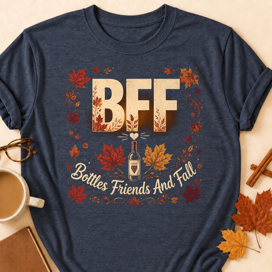 BFF Bottles Friends And Fall Fall Colored Print T-Shirt - Heather Navy - Brooke & Belle