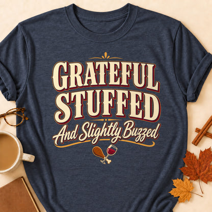 Grateful Stuffed And Slightly Buzzed Fall Colored Print T-Shirt - Heather Navy - Brooke & Belle