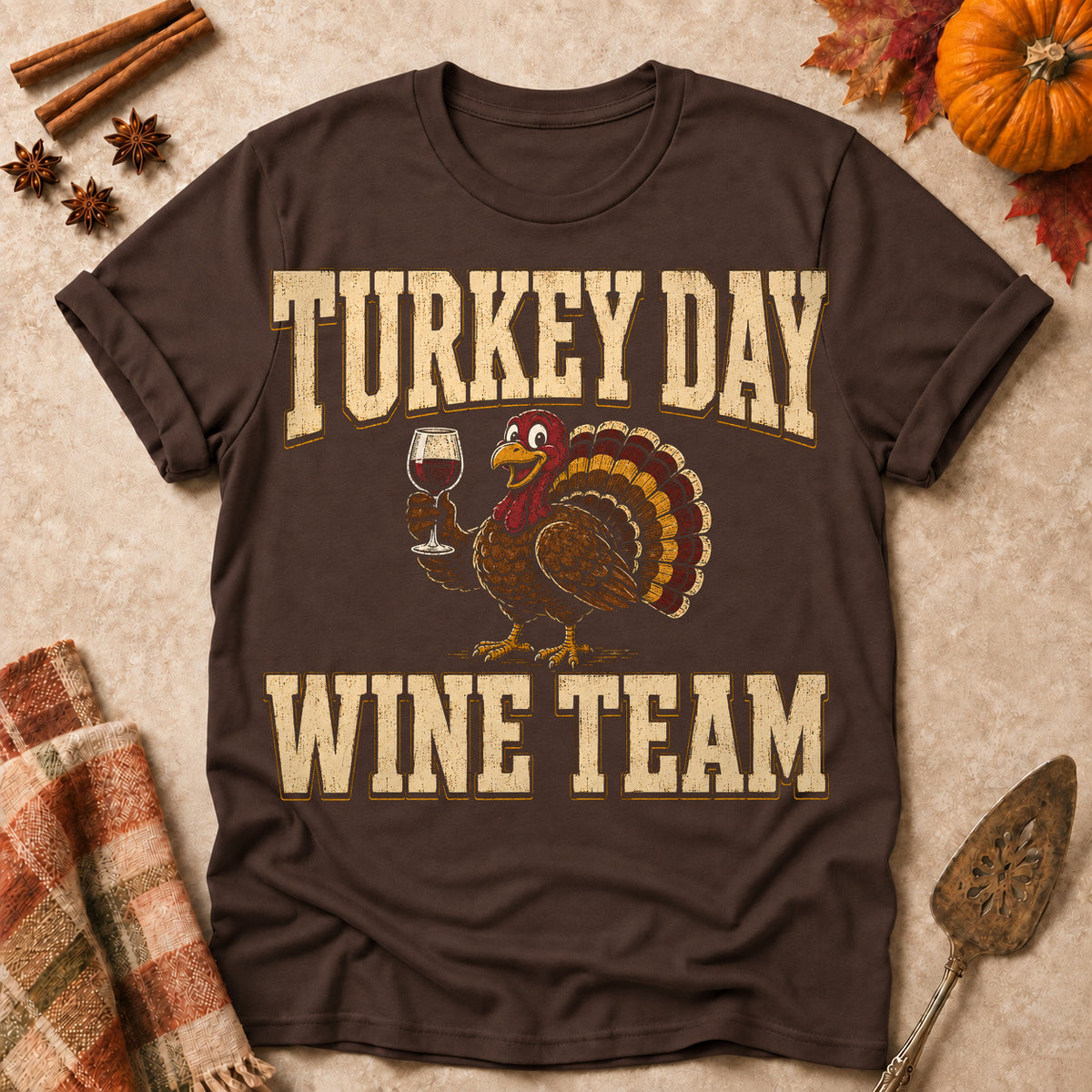 Turkey Day Wine Team Fall Colored Print T-Shirt - Dark Chocolate - Brooke & Belle
