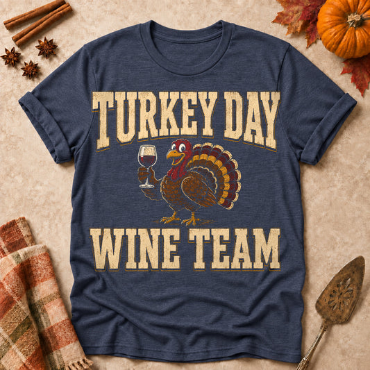 Turkey Day Wine Team Fall Colored Print T-Shirt - Heather Navy - Brooke & Belle