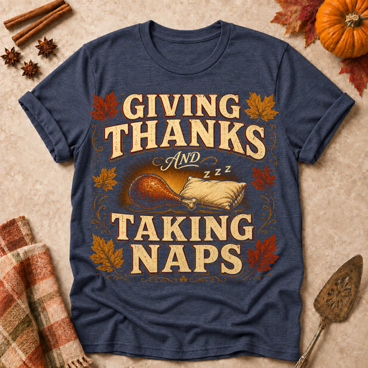 Giving Thanks And Taking Naps Fall Colored Print T-Shirt - Heather Navy - Brooke & Belle