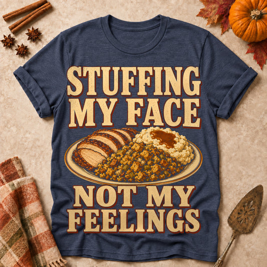 Stuffing My Face Not My Feelings Fall Colored Print T-Shirt - Heather Navy - Brooke & Belle