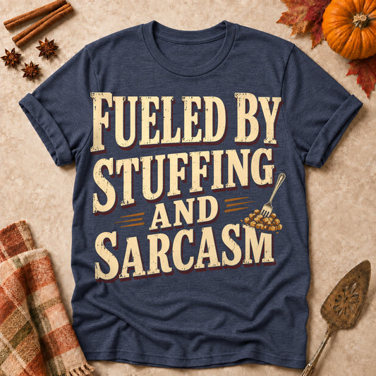 Fueled By Stuffing And Sarcasm Fall Colored Print T-Shirt - Heather Navy - Brooke & Belle