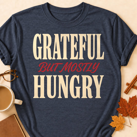 Grateful But Mostly Hungry Fall Colored Print T-Shirt - Heather Navy - Brooke & Belle