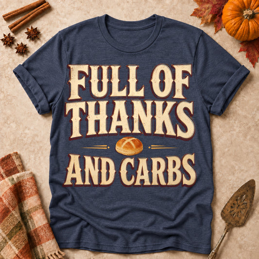 Full Of Thanks And Carbs Fall Colored Print T-Shirt - Heather Navy - Brooke & Belle