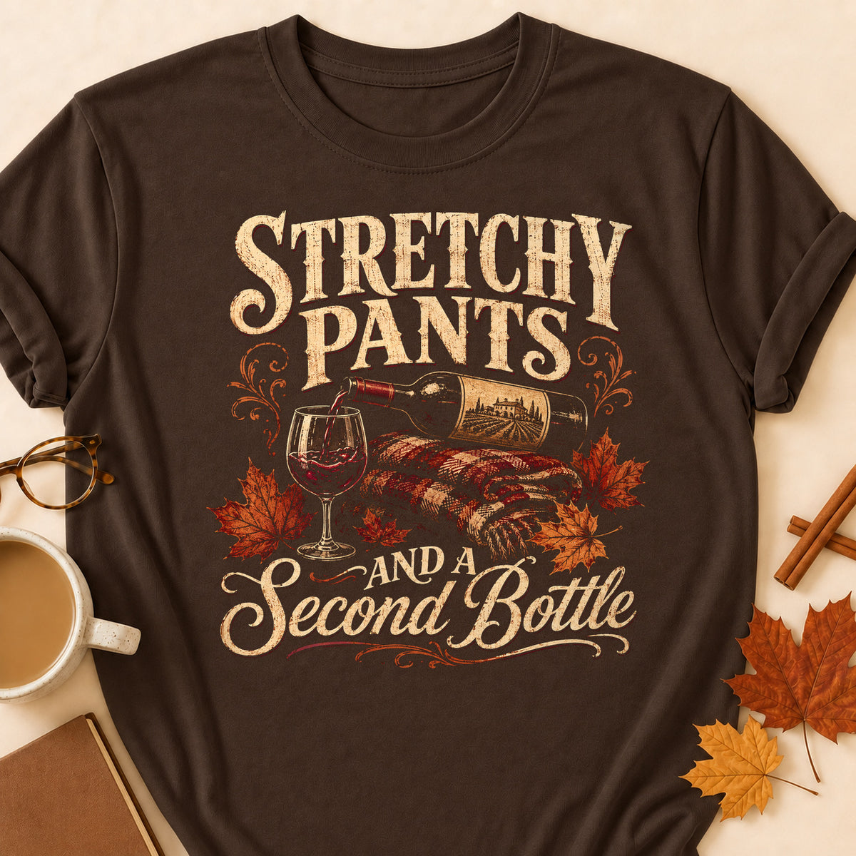 Stretchy Pants And A Second Bottle Fall Colored Print T-Shirt - Dark Chocolate - Brooke & Belle