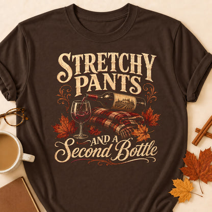 Stretchy Pants And A Second Bottle Fall Colored Print T-Shirt - Dark Chocolate - Brooke & Belle