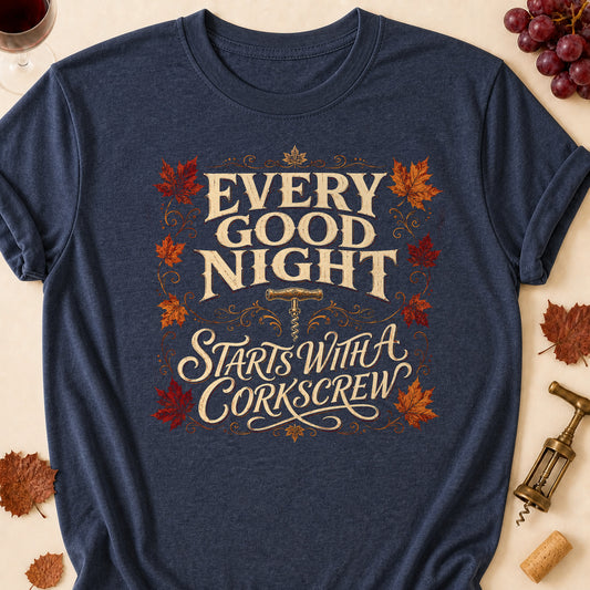Every Good Night Starts With A Corkscrew Fall Colored Print T-Shirt - Heather Navy - Brooke & Belle