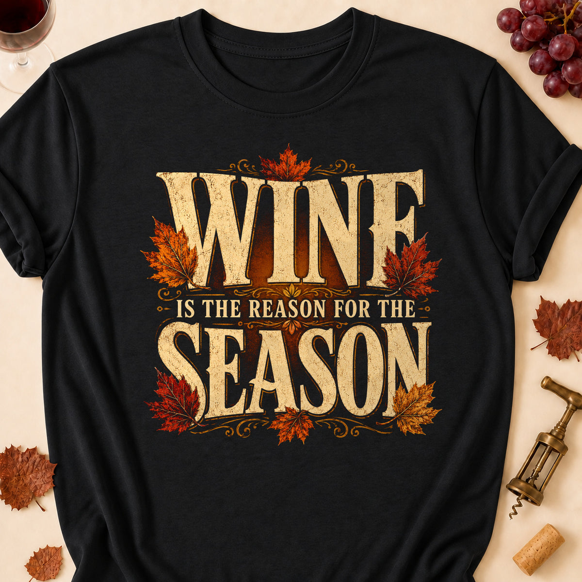 Wine Is The Reason For The Season Fall Colored Print T-Shirt - Black - Brooke & Belle