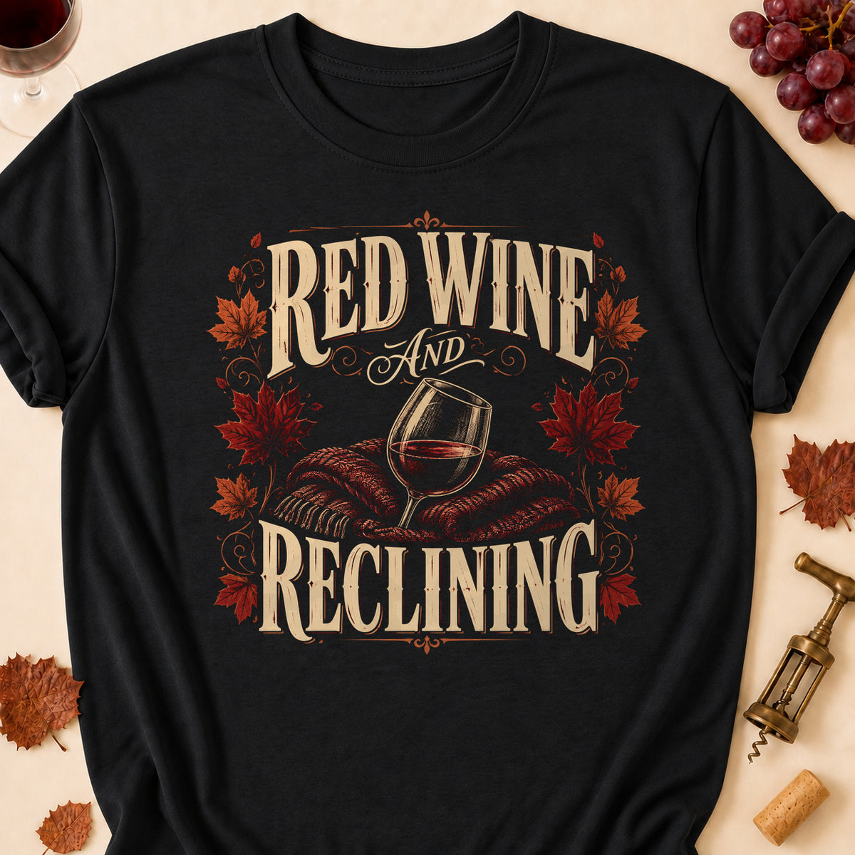 Red Wine And Reclining Fall Colored Print T-Shirt - Black - Brooke & Belle