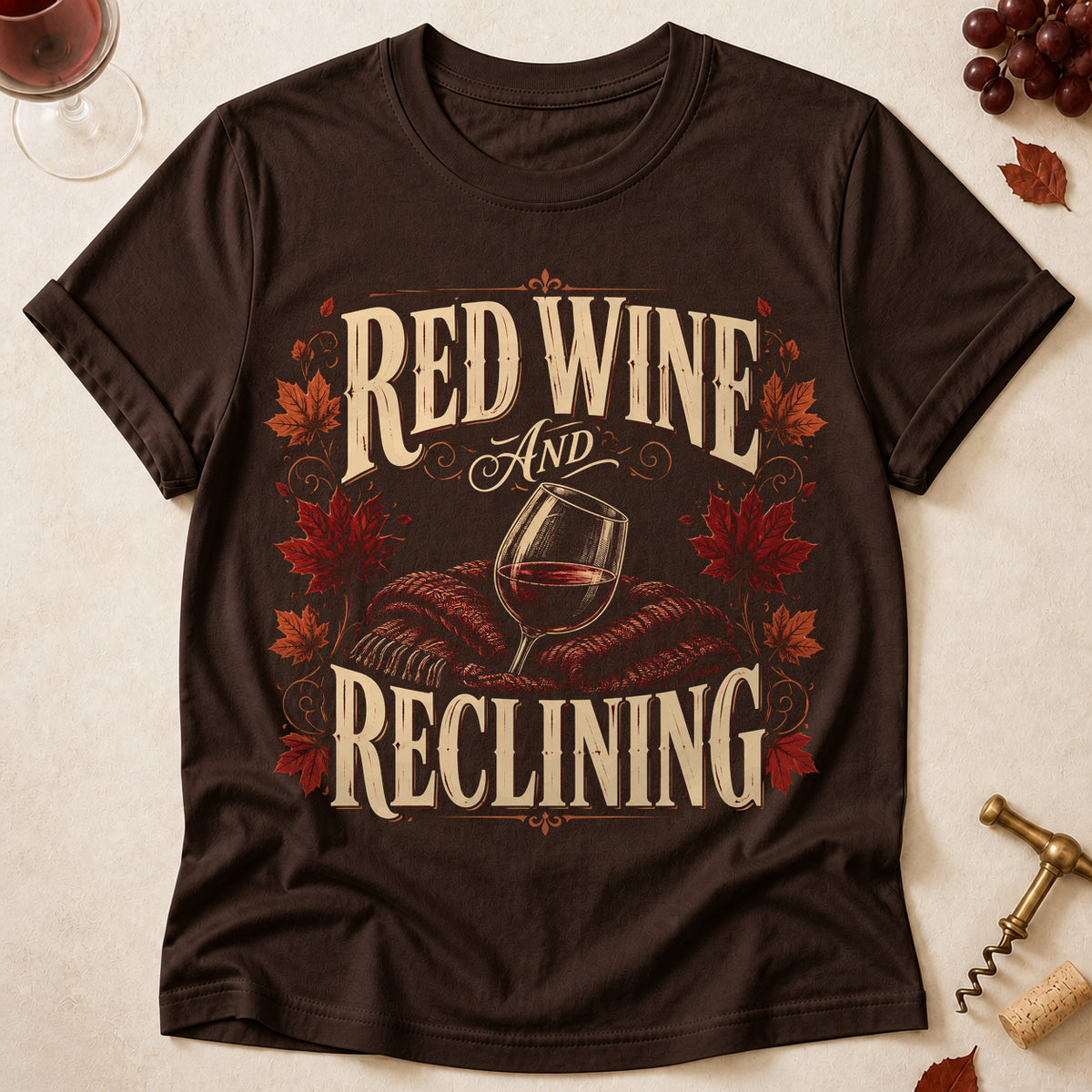Red Wine And Reclining Fall Colored Print T-Shirt - Dark Chocolate - Brooke & Belle