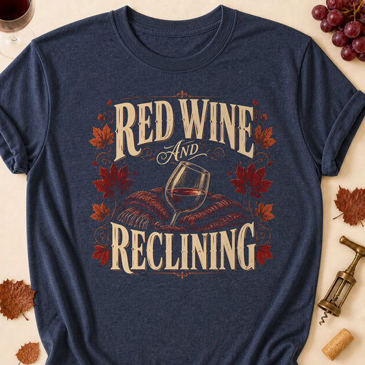 Red Wine And Reclining Fall Colored Print T-Shirt - Heather Navy - Brooke & Belle