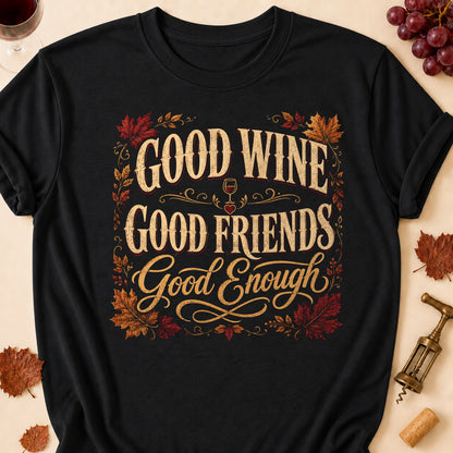 Good Wine Good Friends Good Enough Fall Colored Print T-Shirt - Black - Brooke & Belle