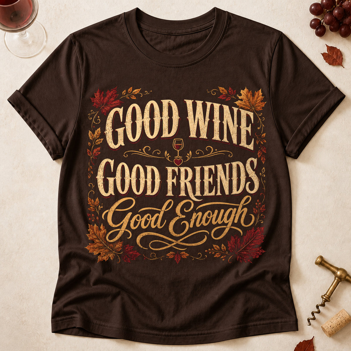 Good Wine Good Friends Good Enough Fall Colored Print T-Shirt - Dark Chocolate - Brooke & Belle