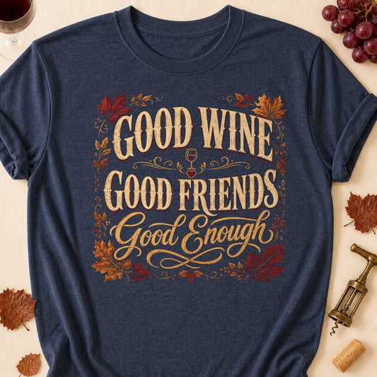 Good Wine Good Friends Good Enough Fall Colored Print T-Shirt - Heather Navy - Brooke & Belle
