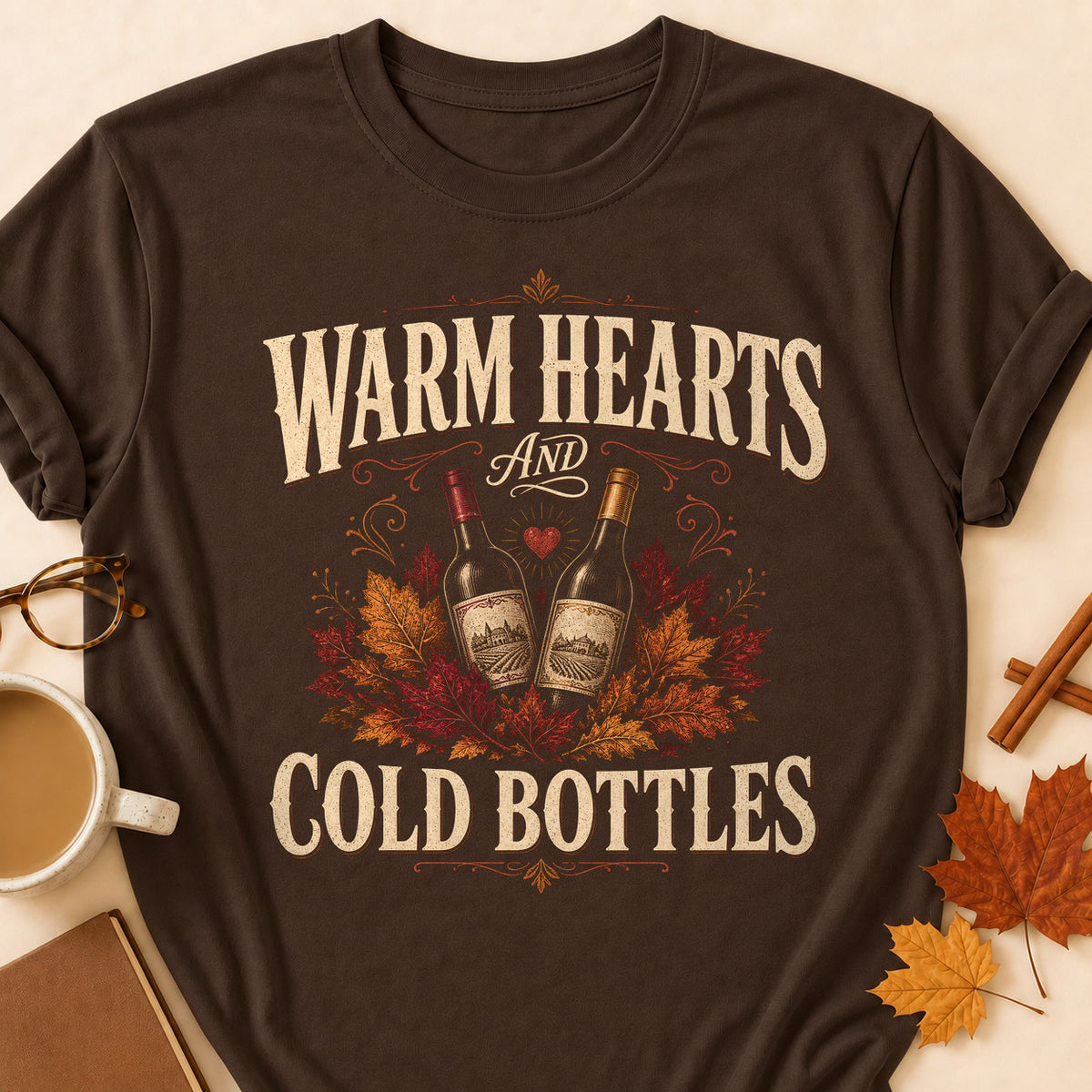 Warm Hearts And Cold Bottles Fall Colored Print T-Shirt - Dark Chocolate - Brooke & Belle