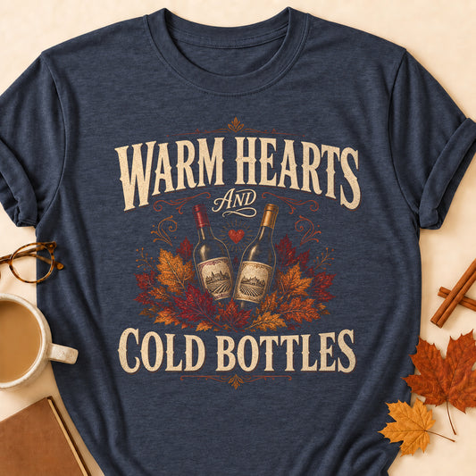 Warm Hearts And Cold Bottles Fall Colored Print T-Shirt - Heather Navy - Brooke & Belle