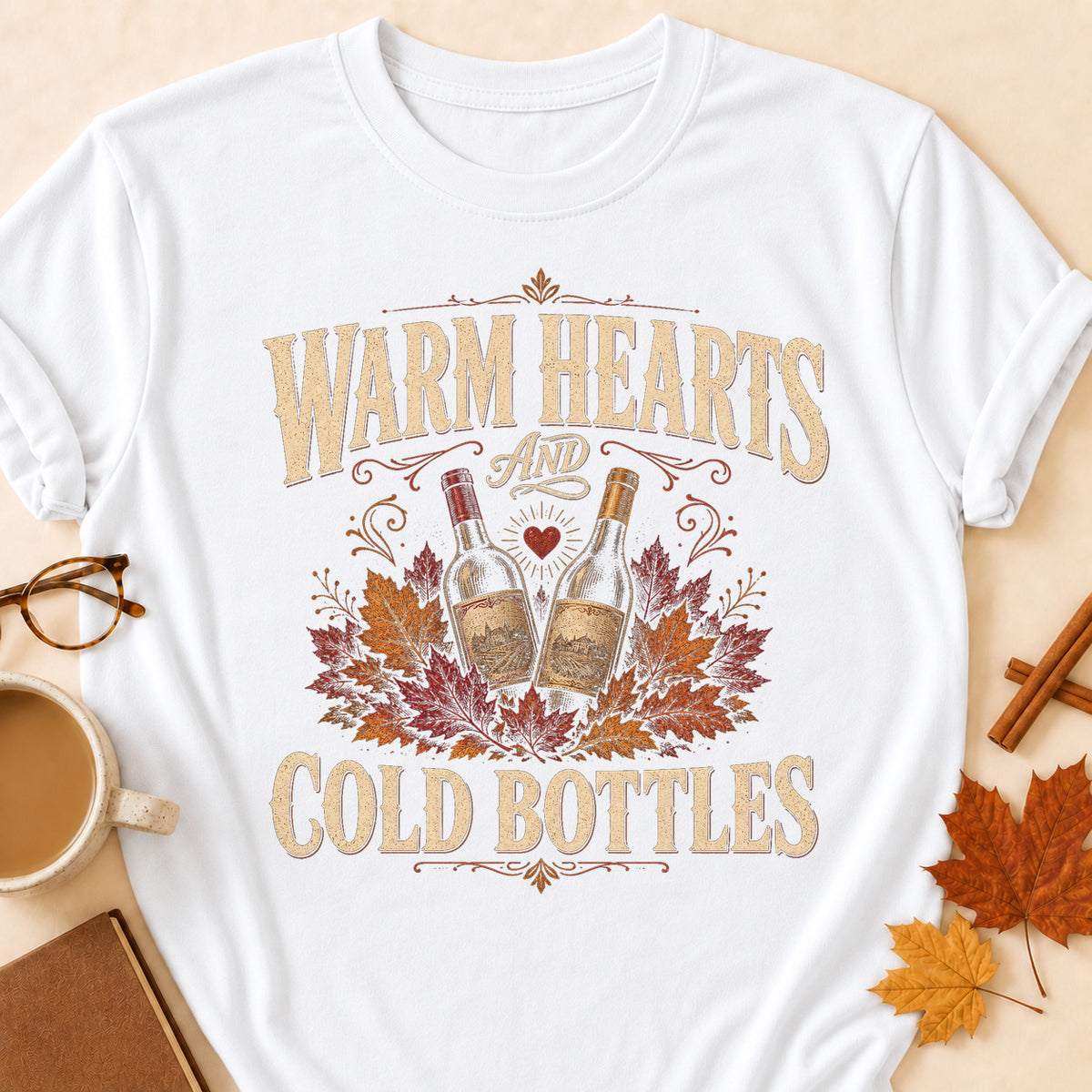 Warm Hearts And Cold Bottles Fall Colored Print T-Shirt - White - Brooke & Belle