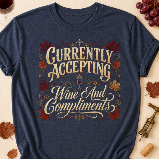Currently Accepting Wine And Compliments Fall Colored Print T-Shirt - Heather Navy - Brooke & Belle