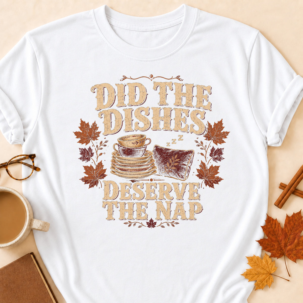Did The Dishes Deserve The Nap Fall Colored Print T-Shirt - White - Brooke & Belle