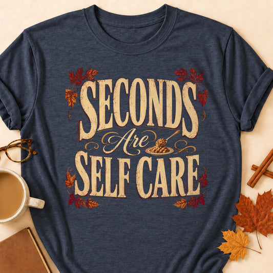 Seconds Are Self Care Fall Colored Print T-Shirt - Heather Navy - Brooke & Belle