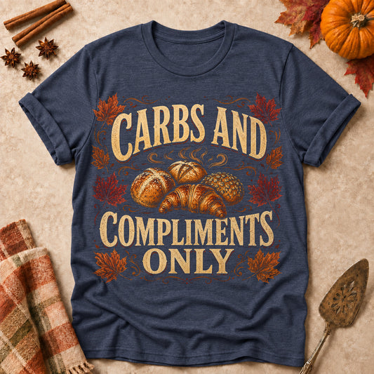 Carbs And Compliments Only Fall Colored Print T-Shirt - Heather Navy - Brooke & Belle