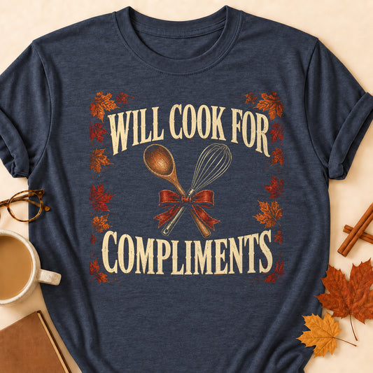 Will Cook For Compliments Fall Colored Print T-Shirt - Heather Navy - Brooke & Belle