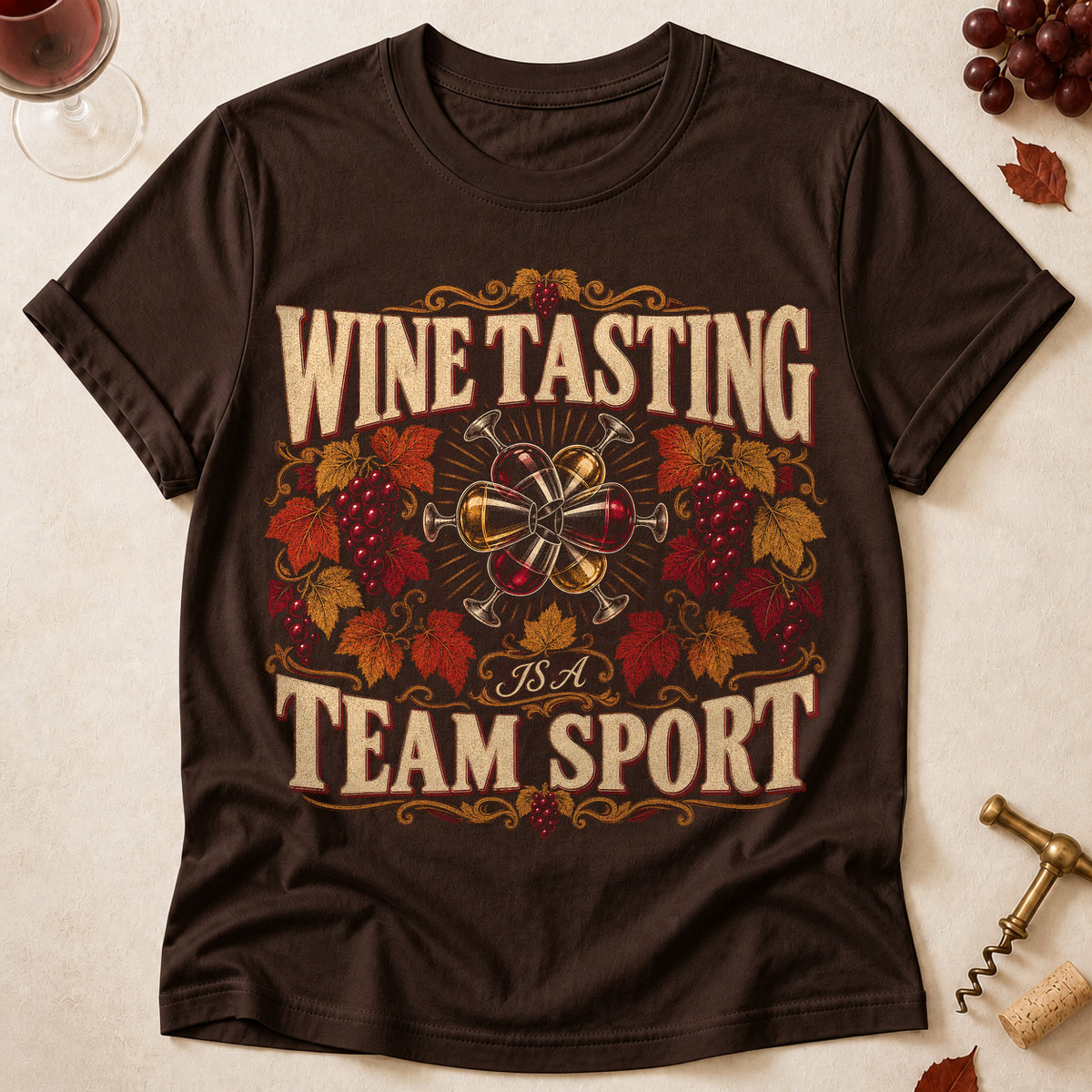 Wine Tasting Is A Team Sport Fall Colored Print T-Shirt - Dark Chocolate - Brooke & Belle
