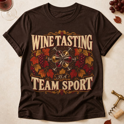 Wine Tasting Is A Team Sport Fall Colored Print T-Shirt - Dark Chocolate - Brooke & Belle