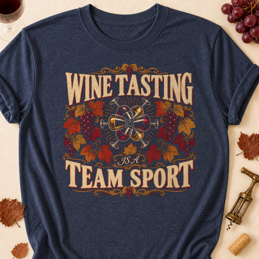 Wine Tasting Is A Team Sport Fall Colored Print T-Shirt - Heather Navy - Brooke & Belle